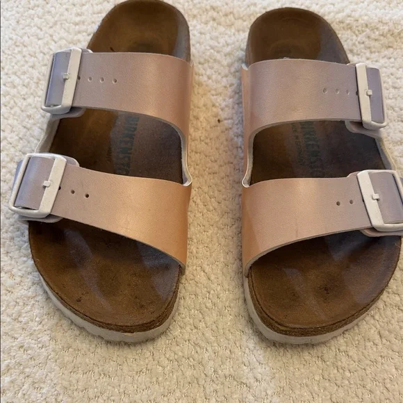 Birkenstock Arizona Two-Strap Sandals in Vegan Ombre Purple Fog/Apricot - size 7 - Picture 3 of 15
